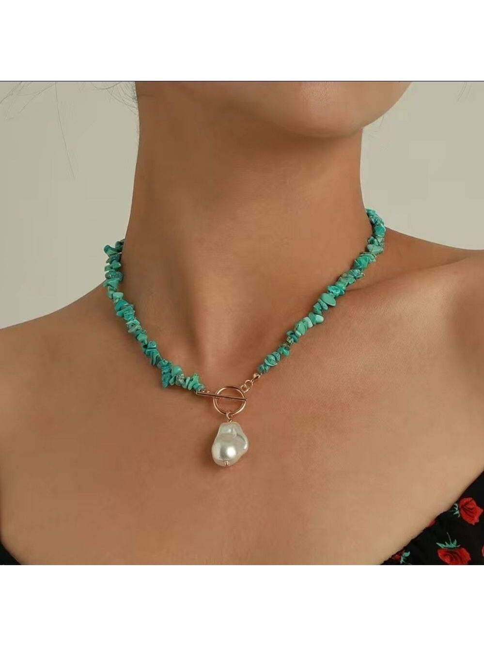 Pearl Pendant Turquoise Beaded Boho Ethnic Style Necklace Jewelry